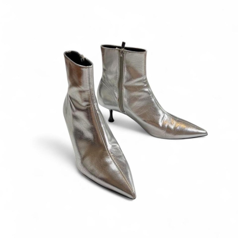 Zara Indie Sleaze Glam Metallic Silver Pointed Toe Kitten Heel Booties
